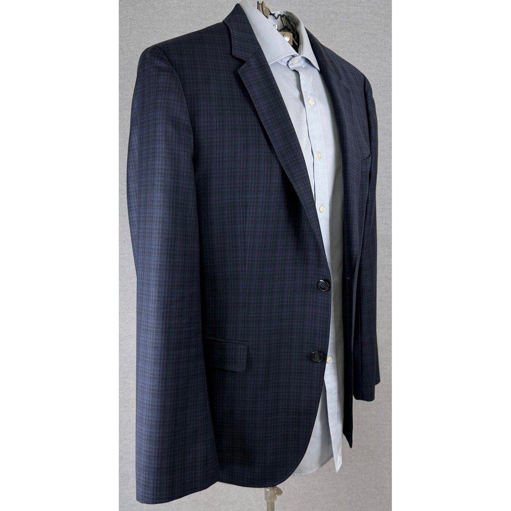 Hugo Boss HUGO Mens Navy Blue Micro Plaid 100% Virgin Wool Blazer Sport Coat 44R